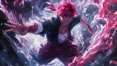 Dynamic anime battle portrait with swirling energy arcs.