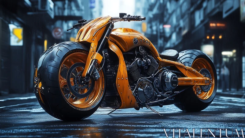 Low-slung orange custom motorcycle showcases extreme wide rear tire