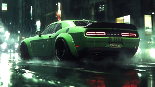 Neon green muscle car powers through wet night streets.