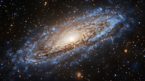 Spiral galaxy glows against dense starfield in deep space