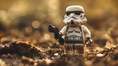 Lego stormtrooper figure stands in shallow focus outdoor scene