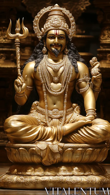 Golden Hindu deity statue sits in radiant temple glow
