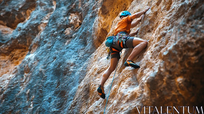 Rock climber ascends steep cliff face in vivid sunlight.
