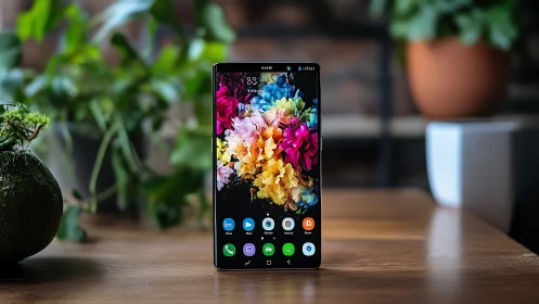 Samsung Galaxy S21 Ultra flagship smartphone displaying vibrant AMOLED floral wallpaper