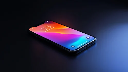 Sleek smartphone glows on dark surface in vivid gradient light.