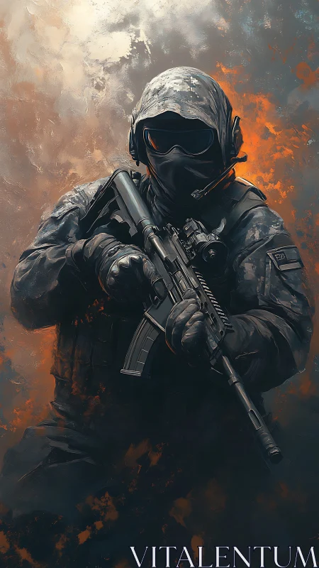 Smoke-scarred dusk crowns the cloaked tactical sentinel