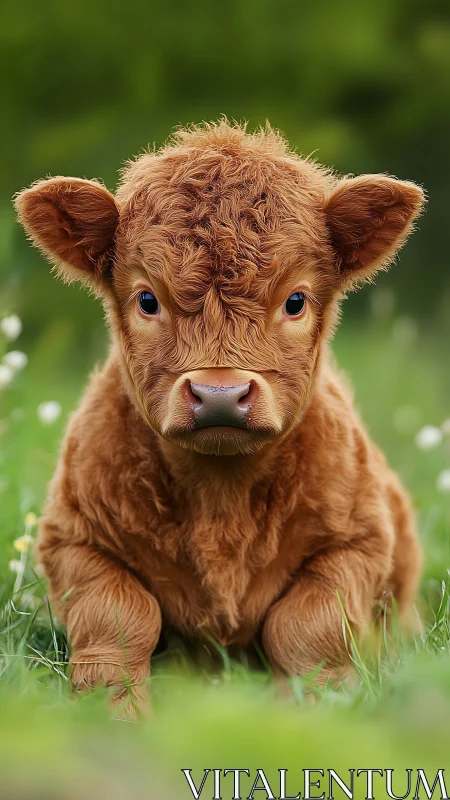 Highland calf resting in green meadow, front view portrait.