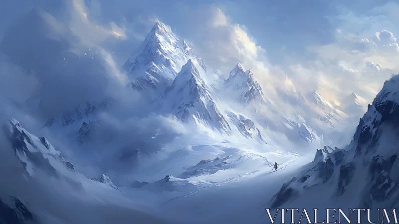 Lone climber crosses a silent, mist-veiled alpine kingdom