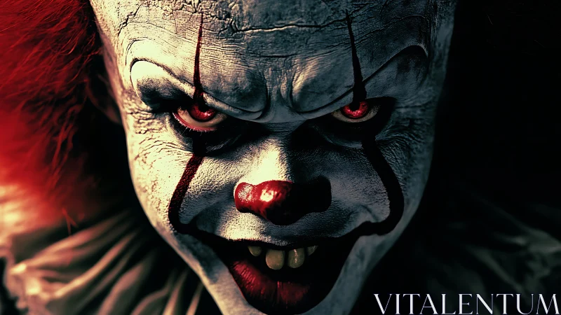 Close frontal view of sinister clown face in dark setting.