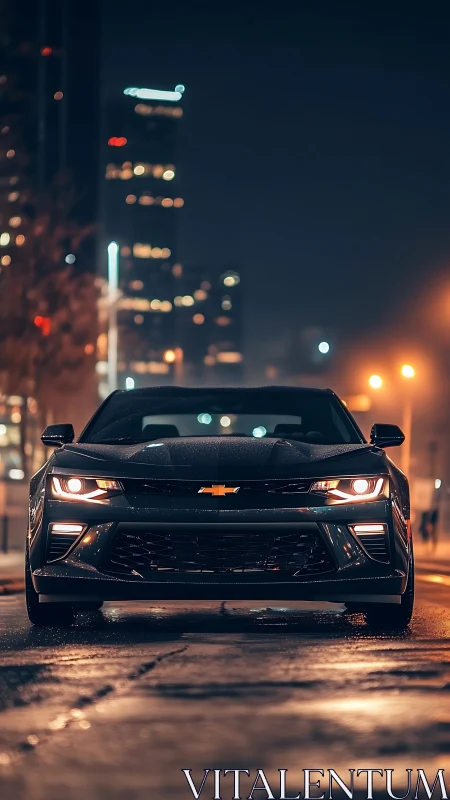 Chevrolet Camaro night portrait on wet urban street.