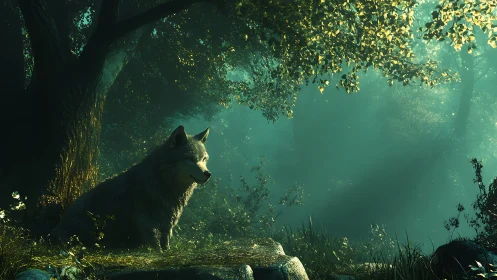 Moonlit sentinel wolf in emerald misted forest hush.