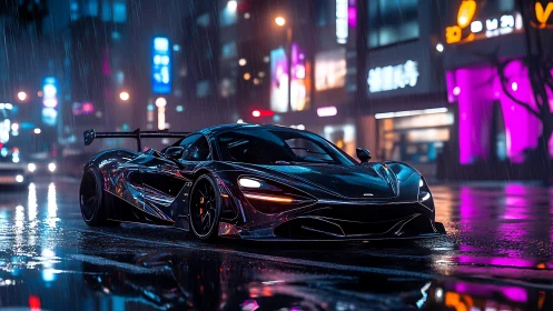 Neon-lit supercar slicing through rain-soaked city streets.