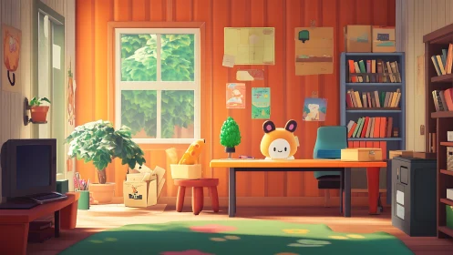Colorful cartoon study with desk, bookshelves and plants.