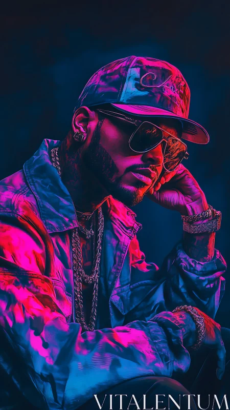 Neon lit man in shades relaxes in bold urban street style