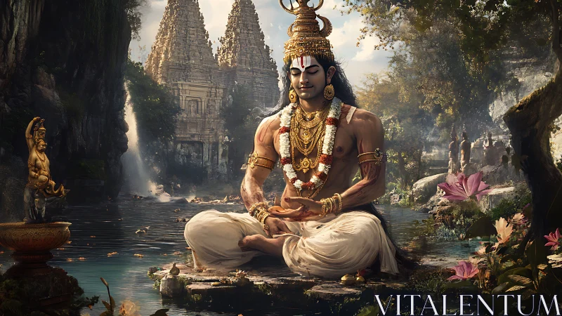 Serene river meditation with ornate temple guardian sage.