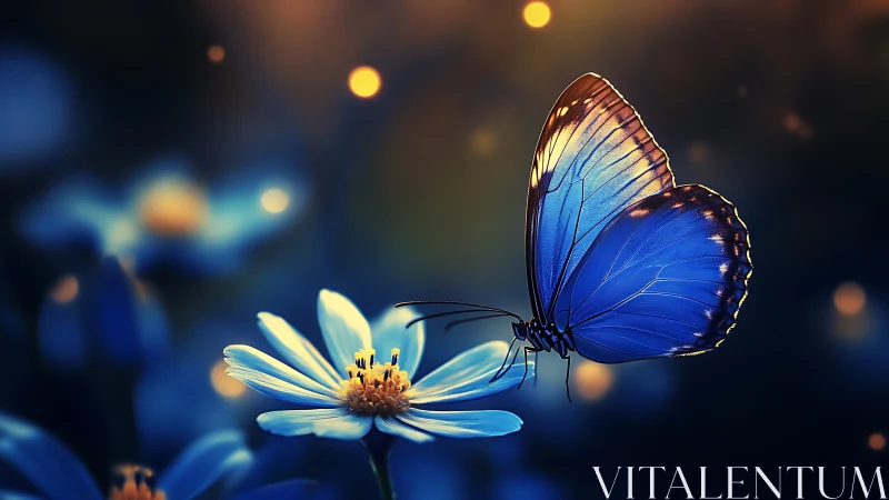 Midnight butterfly balances on moonlit daisy petals