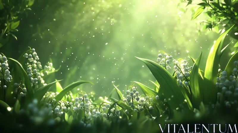 Backlit lily of the valley glade rendered in cinematic detail