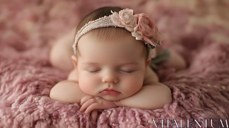 Newborn Portrait: Sleeping Infant with Ivory Headband and Blush Roses