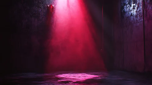 Red volumetric spotlight cuts through fog in industrial room