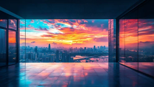 Skyline panorama glows through glass at neon sunset horizon.