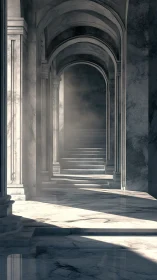 Soft morning light drifting through marble arches and steps.