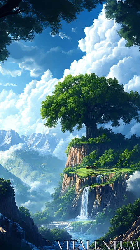 Majestic mountain tree crowns terraced cliffs and waterfalls