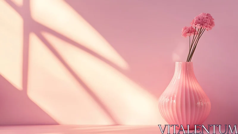 Soft pink vase and blooms in sunlit minimalist interior.