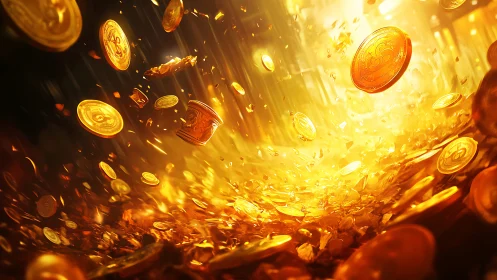 Gold coins scatter through glowing orange light field