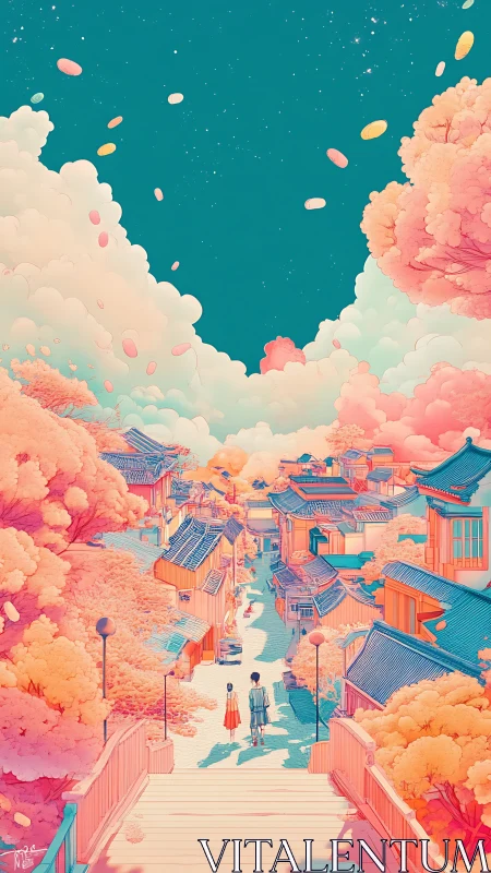 Dreamy pastel village stroll under a starry candy sky.