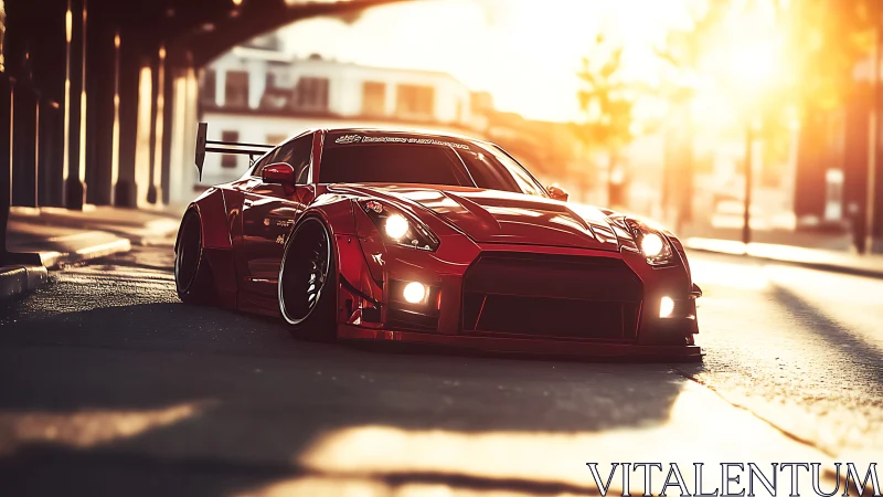 Widebody red sports coupe on sunlit urban street at dusk