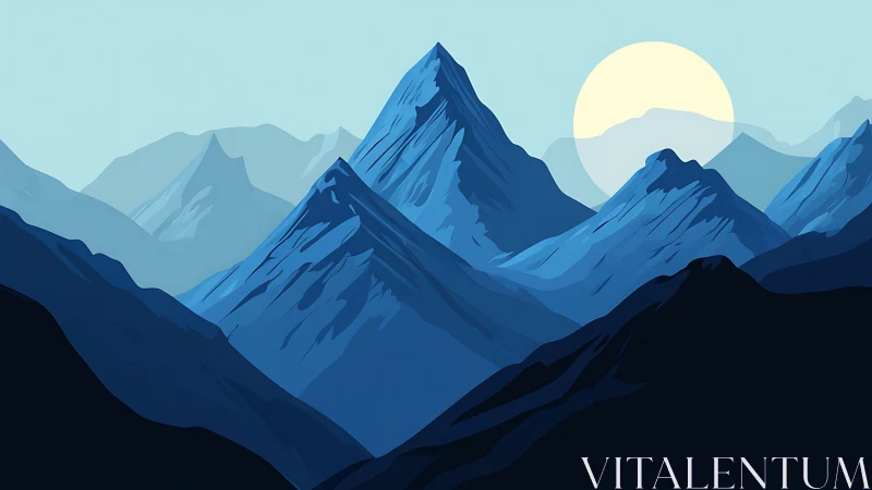 Layered blue mountain range is rendered beneath pale sun