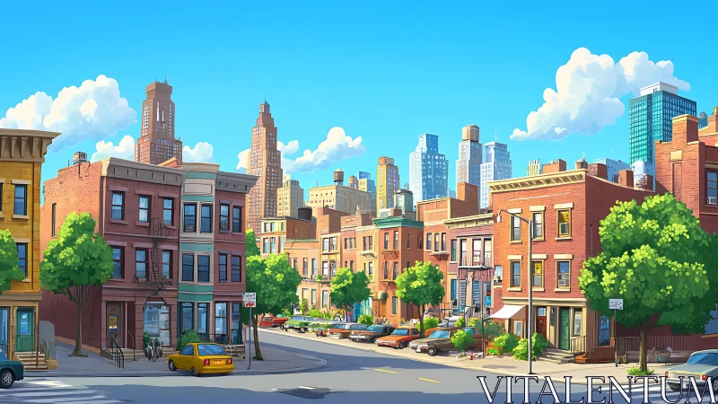 Colorful city neighborhood basks under clear blue skies.