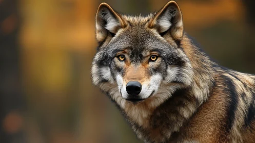 Forest-eyed wolf pauses while autumn light burns behind