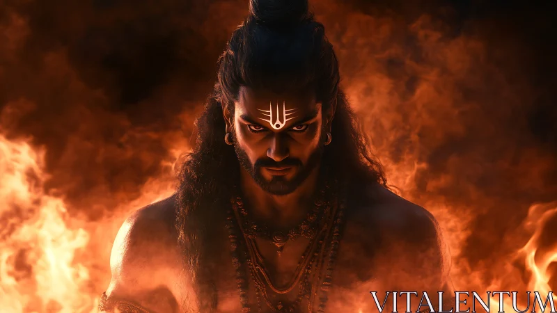 Fiery warrior deity rendered with high contrast volumetric flames