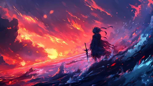 Lone swordsman watching burning horizon over raging sea.