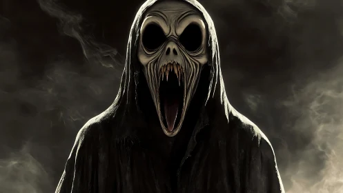 Shrouded skeletal entity with open jaw in dark atmosphere.