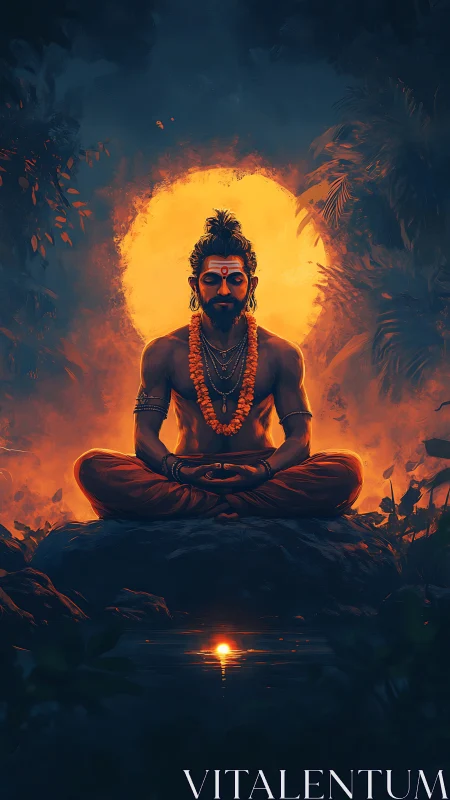 Meditating ascetic sits before glowing halo and reflection