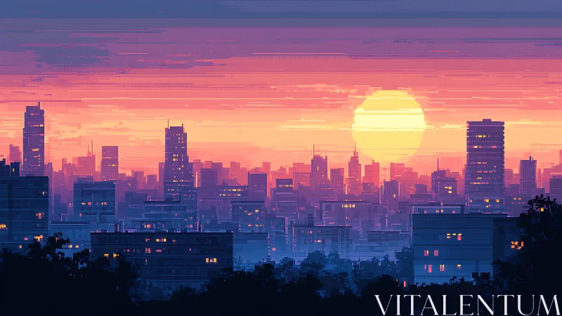 Pixel-rendered urban sunset compresses depth into luminous bands