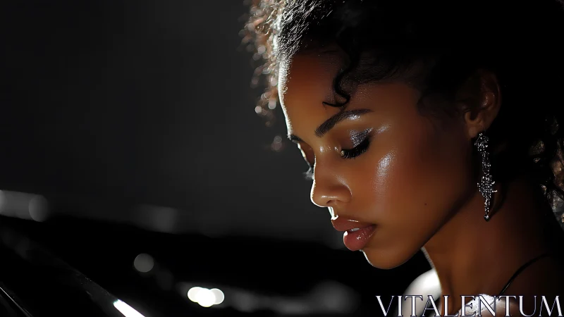 Candlelit profile of a poised woman in shimmering stillness.