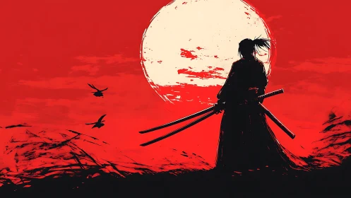 Lone samurai silhouette faces bloodred sun at dusk