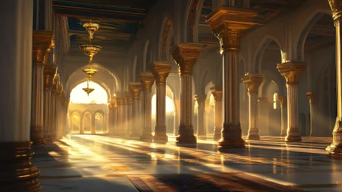 Sunlit golden palace hall where morning light wanders.