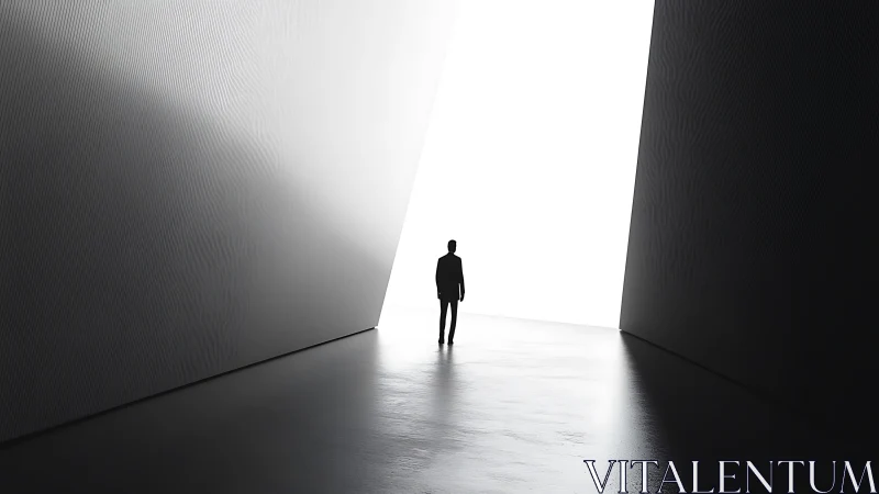 Silhouetted figure standing in minimalist concrete corridor with bright opening.