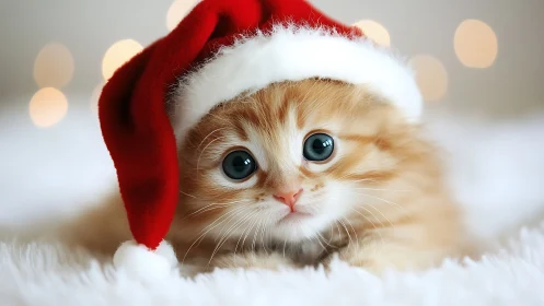 High-key photoreal kitten portrait in Santa hat micro-bokeh.