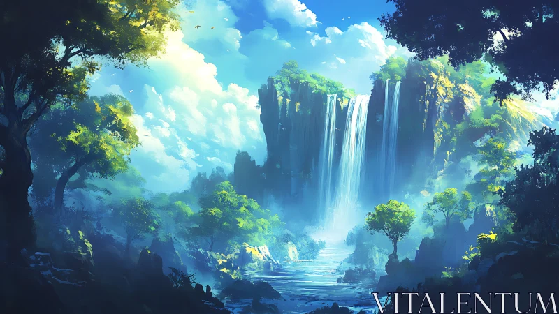 Luminous Cascade: Portal Waterfall Through Enchanted Forest Realm.