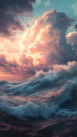 Storm-tossed ocean waves under radiant sunset cloud tower.