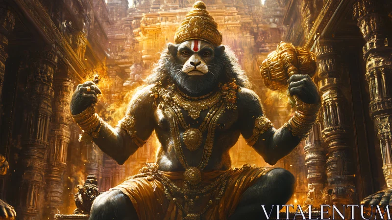 Divine monkey warrior deity sits enthroned in fiery temple hall