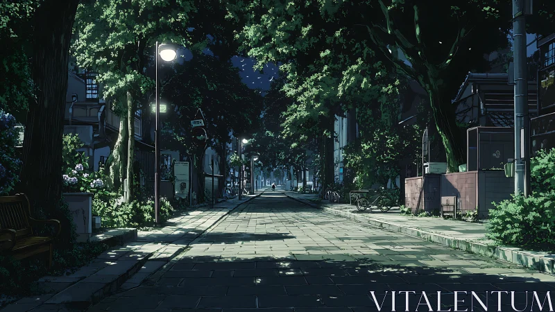 Evenly lit anime street scene shows deep linear perspective and foliage