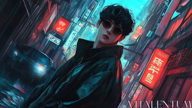 Neon alley drifter in rain-slick city light and shadow haze.