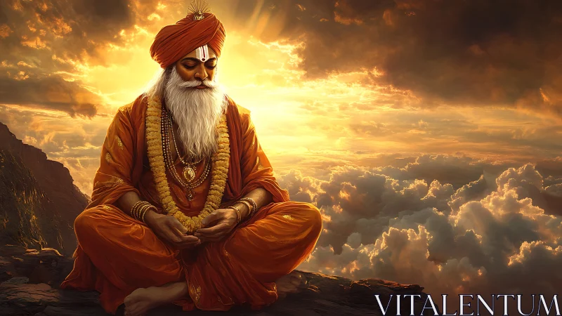 Meditating sage above clouds in warm golden sunset light.