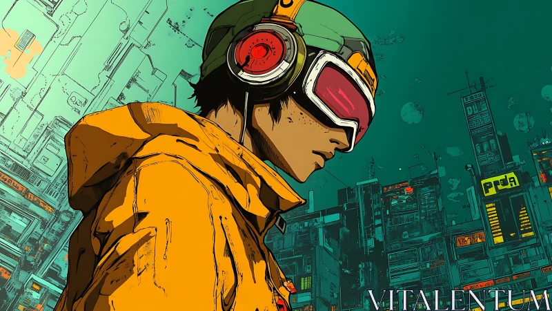 Headphoned urban rider in teal-orange cyberpunk skyline profile.